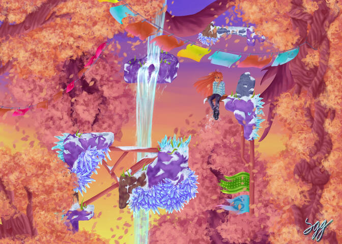 "Golden Ridge" - Digital illustration, FireAlpaca. Artwork based on the game "Celeste" by Maddy Makes Games. 2020.