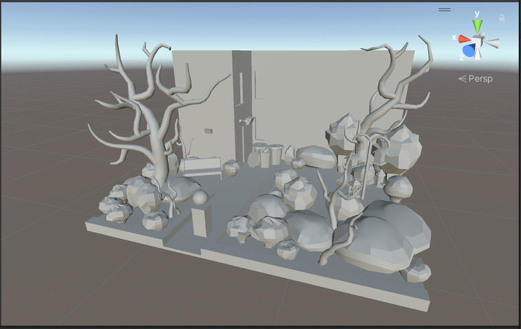 "Corner of Campus" - 3d modelled scene, Unity. An environment project based on a real part of Columbus College of Art & Design's campus, props modelled in Maya. 2022.