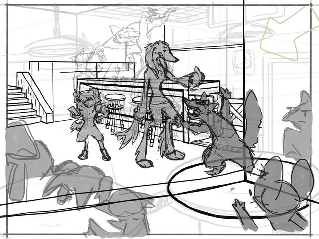 "Bar Talk" - Digital sketch, photoshop. Environment design for illustration project. Original designs. 2023.