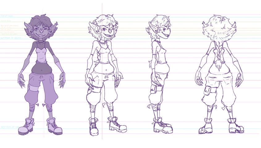 "Baby's First Turnaround" - Digital planning sketch, Photoshop. Character turnaround for a class project. 2023.