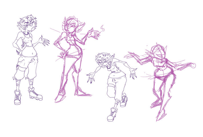 "Pose Redraws" - Digital sketch, Photoshop. A semester after the initial drawing, I revisited the initial character poses and sketched 2 newer, more dynamic versions. 2023.