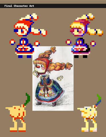 "Onion Characters" - Digital pixel character design (Aseprite) and traditional colored pencil and pen concept art. Designs for the protagonists and supporting vegetation in my GBA Studio class game project, Onion. 3-color and 16-color sprite variations. 20