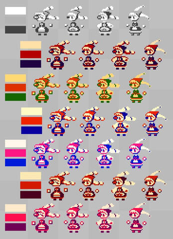 "Onion Girl" - Digital pixel character design, Aseprite (arranged in Photoshop.) Potential designs and color palettes for the protagonist of my GBA Studio class game project, "Onion."