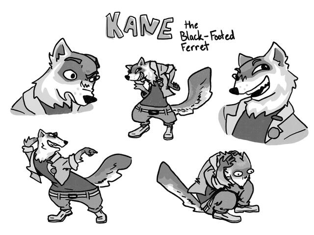 "Kane the Ferret" - Digital illustration, Photoshop. Character designed for a class project. 2023.